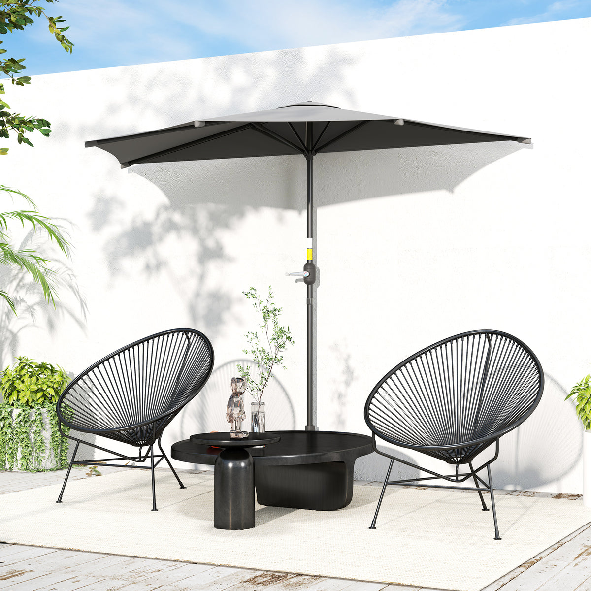 9.8ft Half Umbrella Semi Round Patio Parasol with Crank Handle, Top Vent for Garden, Balcony- NO BASE INCLUDED Dark Grey