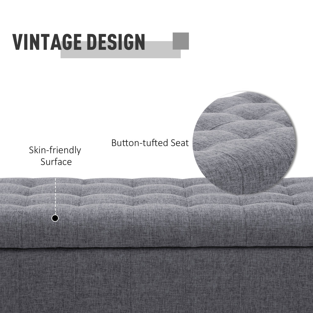 Storage Ottoman, Linen Fabric End of Bed Bench with Soft Close Lid, Button Tufted Storage Bench for Living Room, Entryway or Bedroom, 42" x 17" x 19", Grey