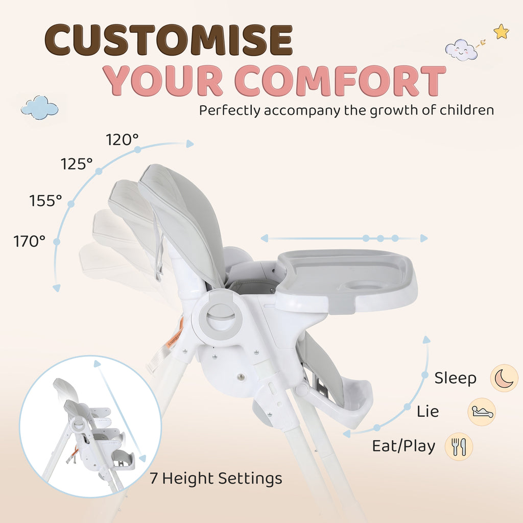 Qaba High Chair with Wheels, Double Tray, Foldable Baby Seat with Adjustable Seat Height, Backrest, Footrest and Tray, Grey