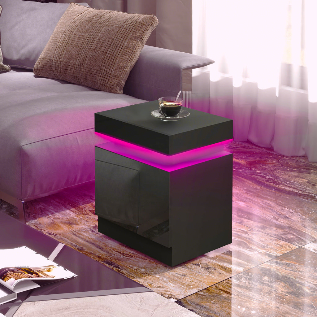 منضدة بجانب السرير، طاولة سرير مع أضواء LED ودرجين لغرفة النوم، غرفة المعيشة، أبيض