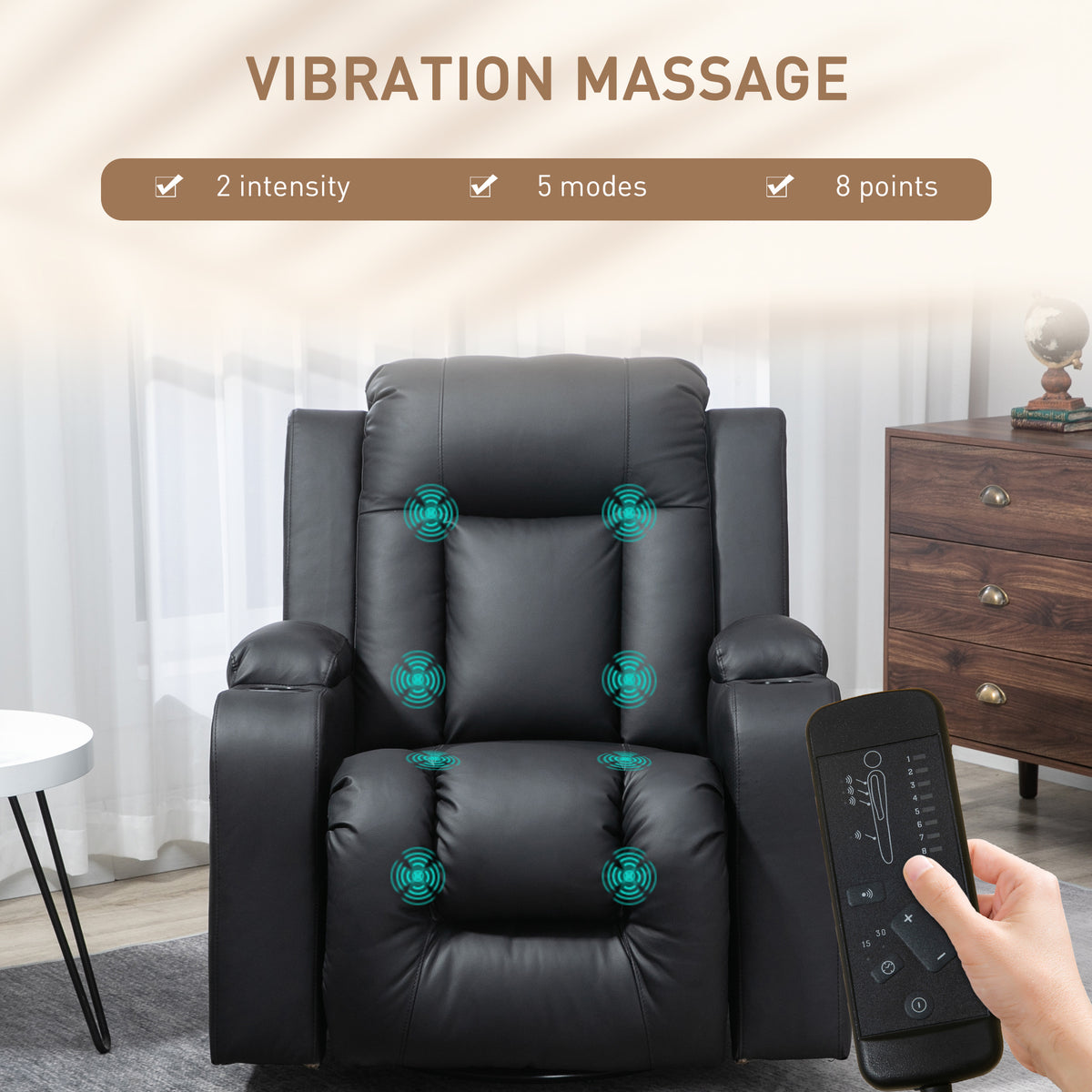 Swivel Massage Recliner Chair Rocker, Overstuffed Manual Reclining Sofa, PU Leather Rocking Chair with Side Pockets, Cup Holders, for Living Room, Nursery, Brown