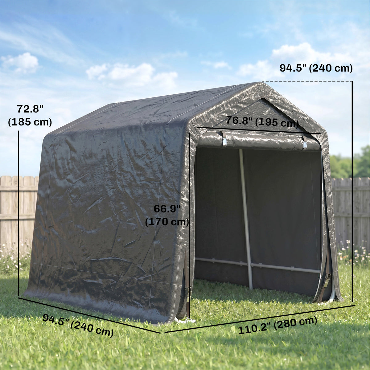 7.9' x 6.6' Garden Storage Tent, Patio Storage Shelter w/ Metal Frame and Double Zipper Doors, Dark Grey