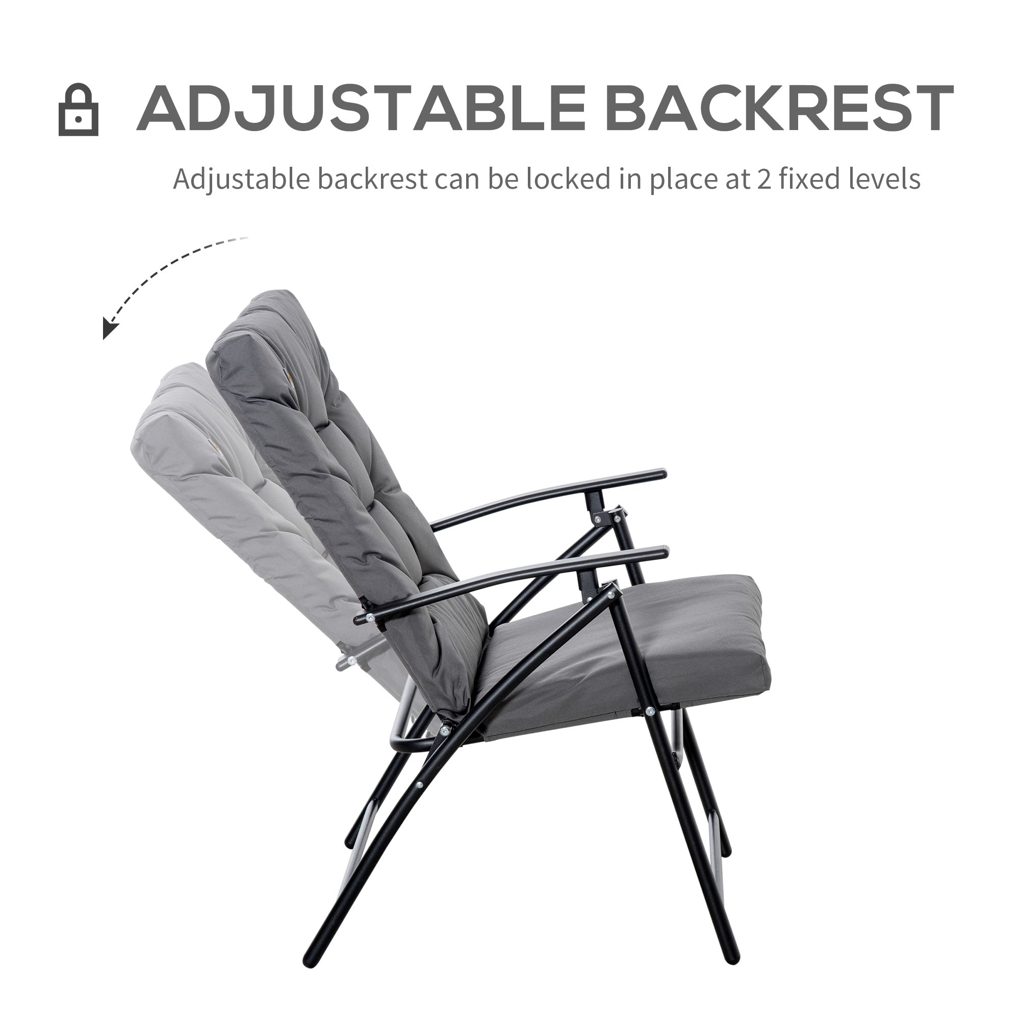 Foldable Lounge Chair, Fabric Upholstered Recliner, Outdoor Lounger with Armrest, Metal Frame for Backyard, Blue