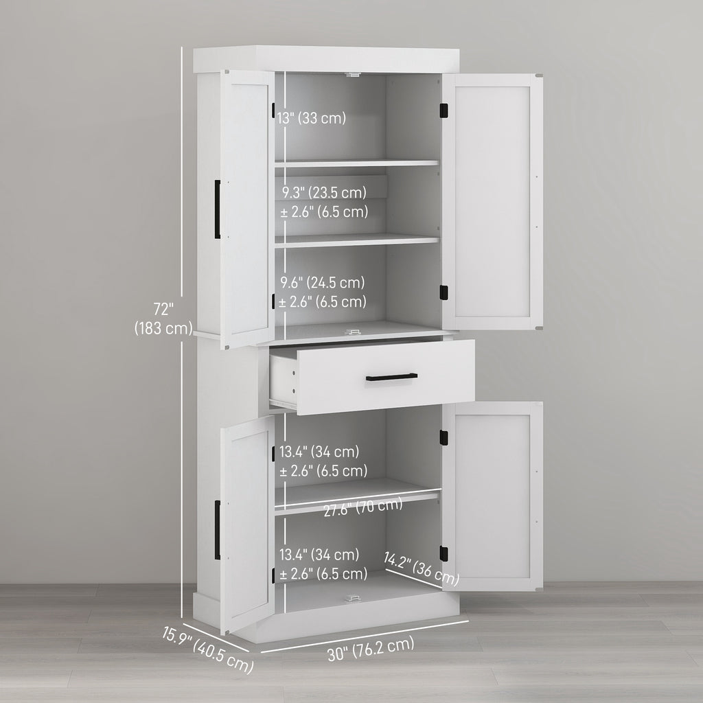 72" Kitchen Storage Cabinet, Farmhouse Kitchen Pantry Cabinet with 4 Barn Doors, Drawer, Adjustable Shelves, White