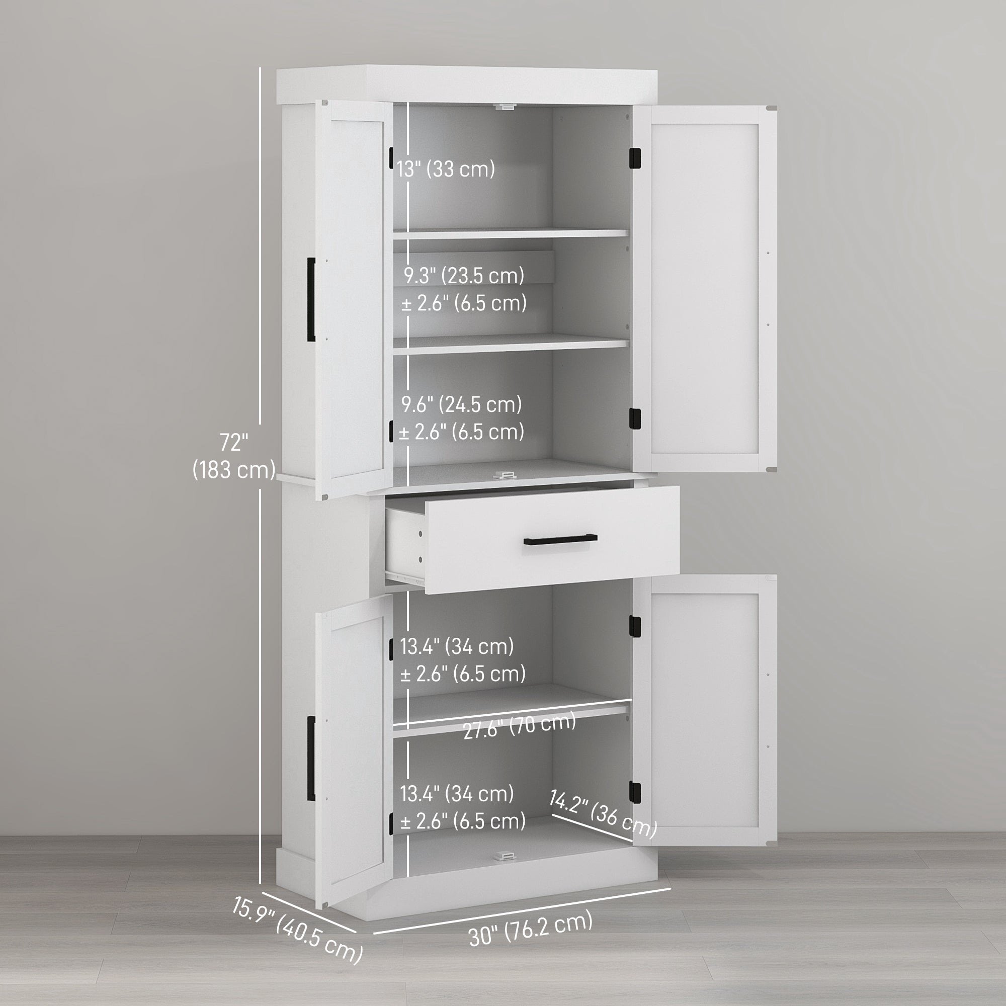 72" Kitchen Storage Cabinet, Farmhouse Kitchen Pantry Cabinet with 4 Barn Doors, Drawer, Adjustable Shelves, White