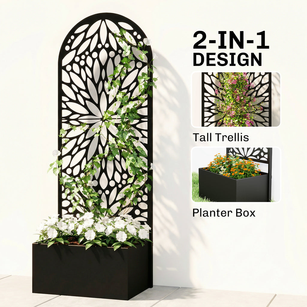 Metal Raised Garden Bed with Trellis for Climbing Plants, Freestanding or Wall Mounted Flower Bed with Privacy Panel