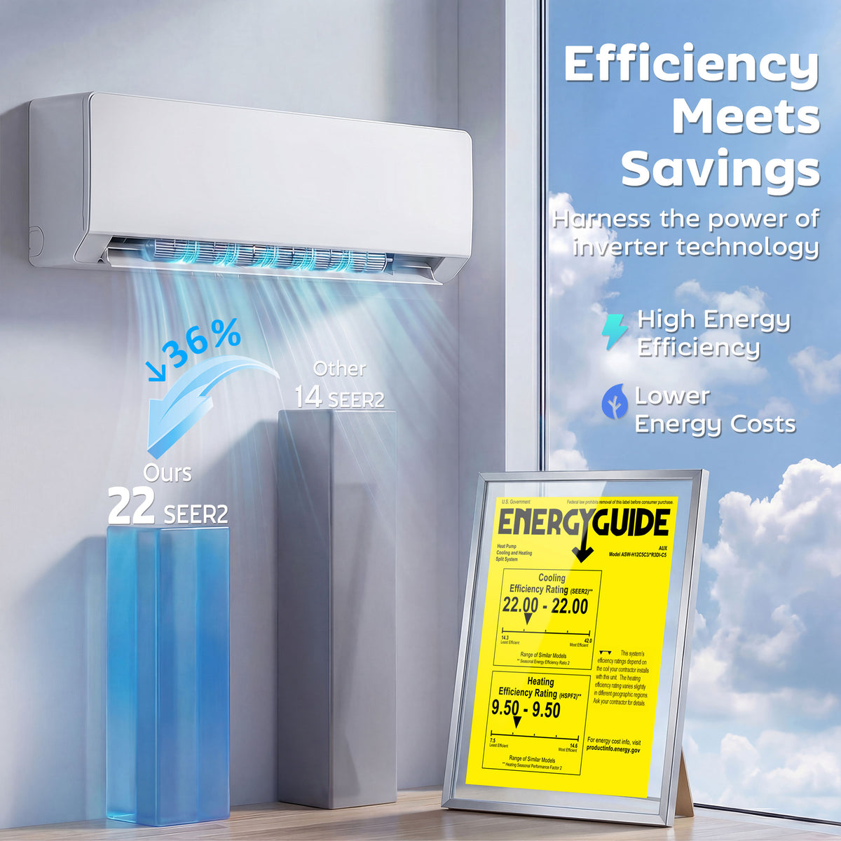 12000 BTU ሚኒ ስፕሊት ኣየር ኮንዲሽነር፣ 22 SEER2 115V ዋይፋይ ዘምህል ኢንቨርተር ኤሲ ዩኒትን ሙቐት ፓምፕን ክሳብ 750 ካሬ ጫማ ዘምስል