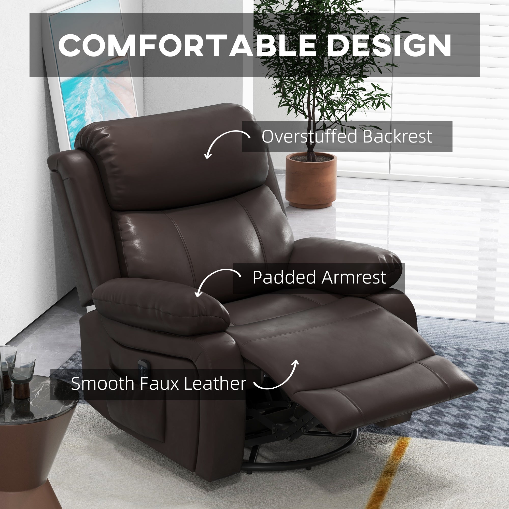 PU Leather Reclining Chair with Vibration Massage Recliner, Swivel Base, Rocking Function, Remote Control, Brown