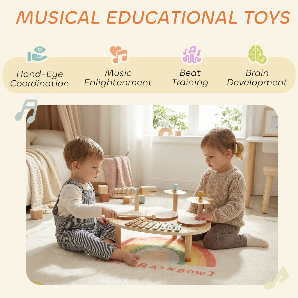 Qaba Toddler Drum Set, 4-in-1 Musical Instruments for Kids 2+, Gifts for Girls Boys Birthday, Natural Wood
