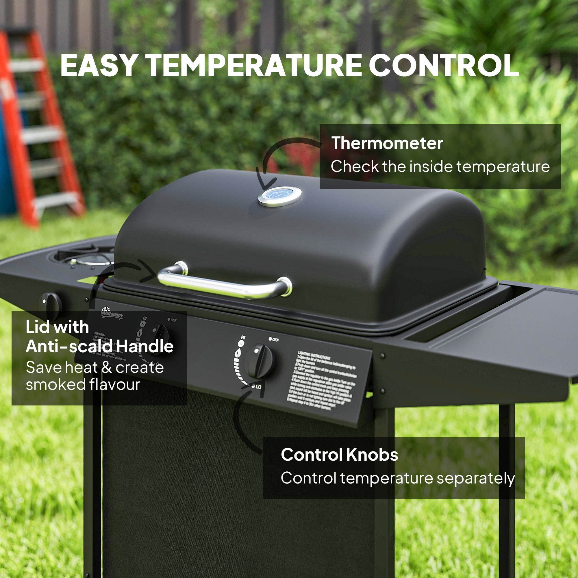 3+1 Burner Propane Gas BBQ Grill, Portable Gas Barbecue Grill with Side Burner, Thermometer, Lid, Side Table, Shelf, Spice Rack, Wheels, Grease Cup for Garden, Black