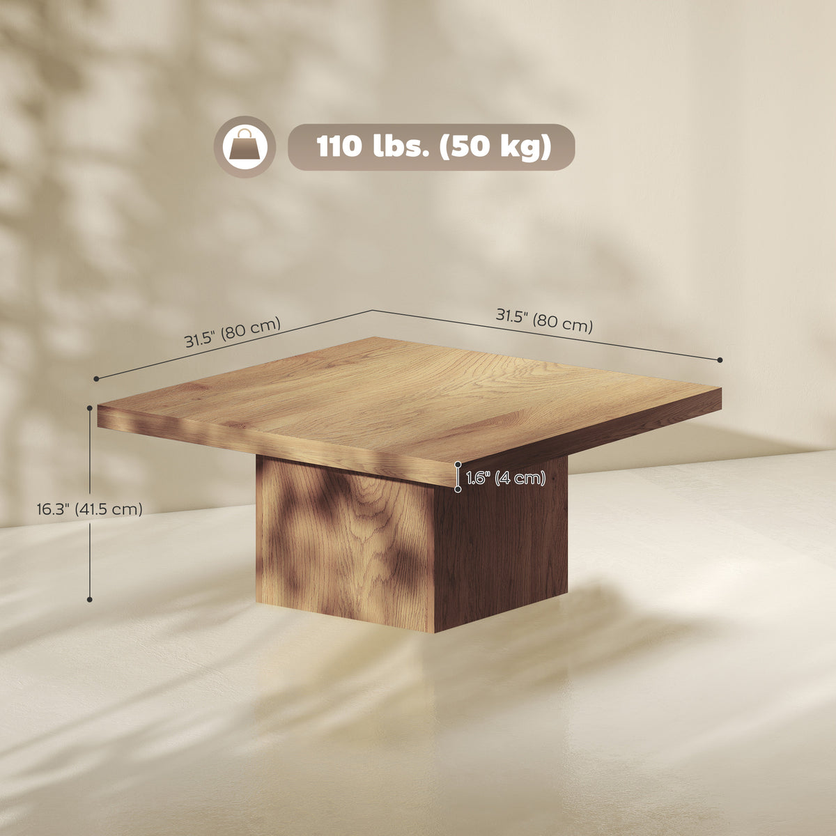 Square Coffee Table, Center Table with 1.6" Thick Tabletop, Natural Wood