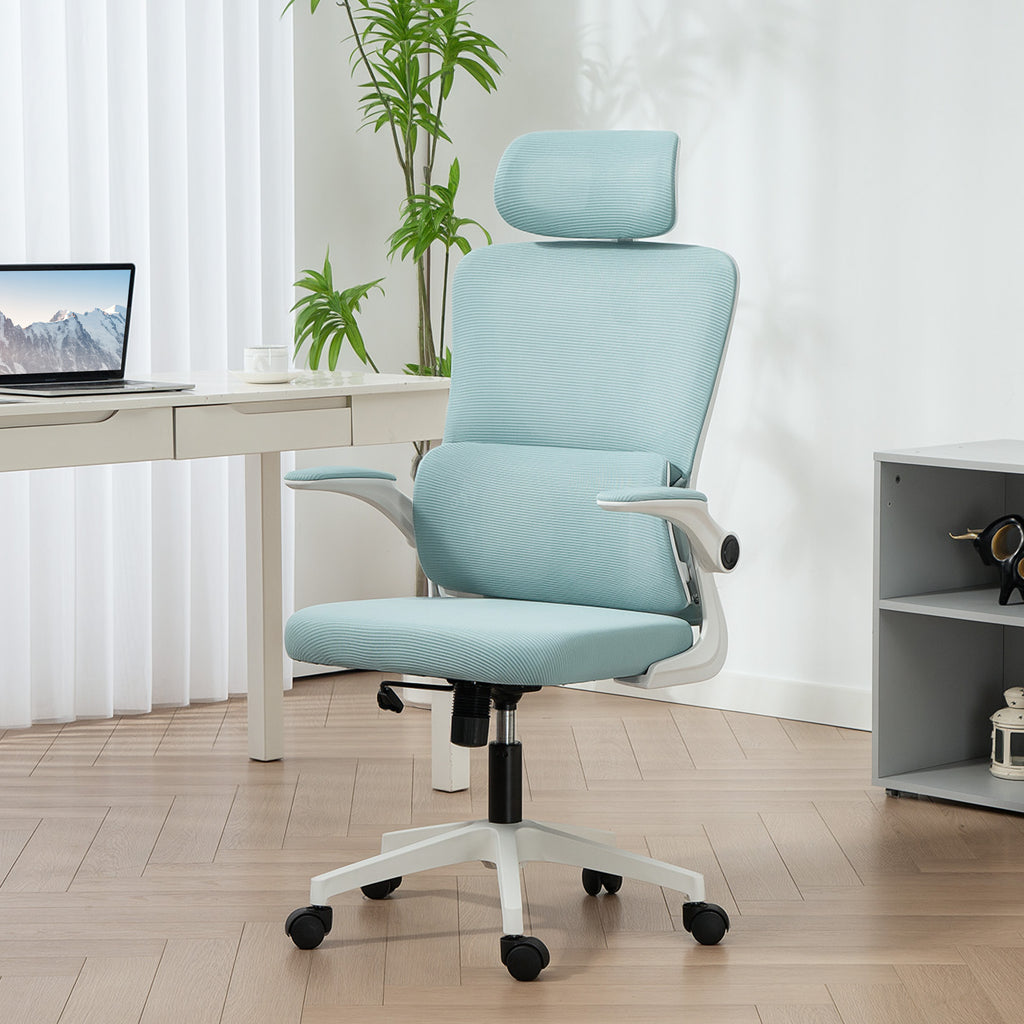 High Back Office Chair, Mesh Computer Chair with Rotatable Headrest, Lumbar Back Support, Adjustable Height, Light Blue