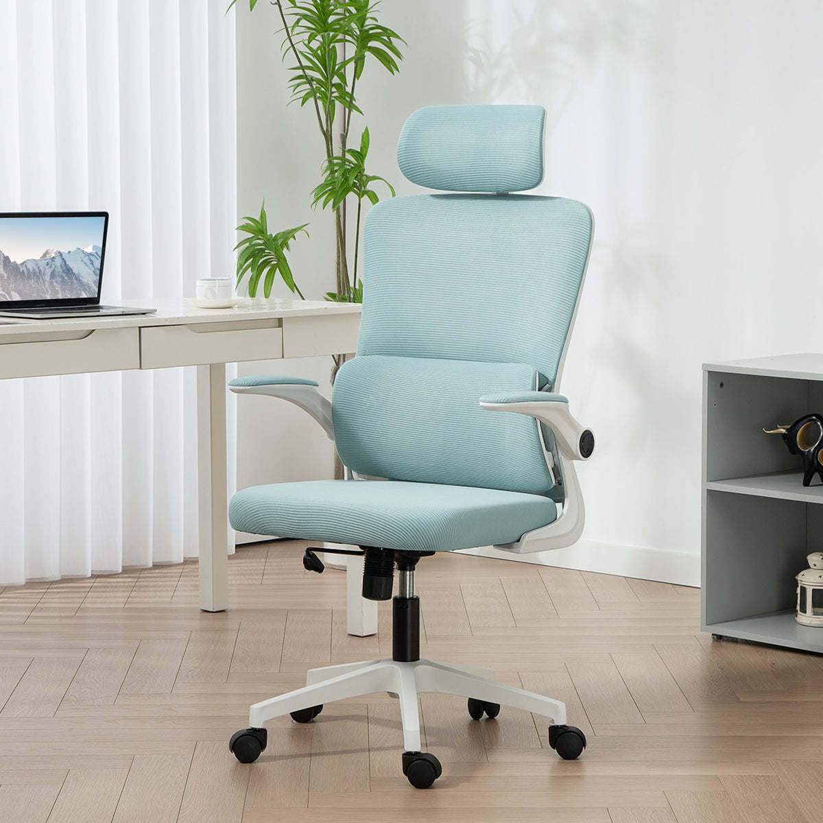 High Back Office Chair, Mesh Computer Chair with Rotatable Headrest, Lumbar Back Support, Adjustable Height, Light Blue