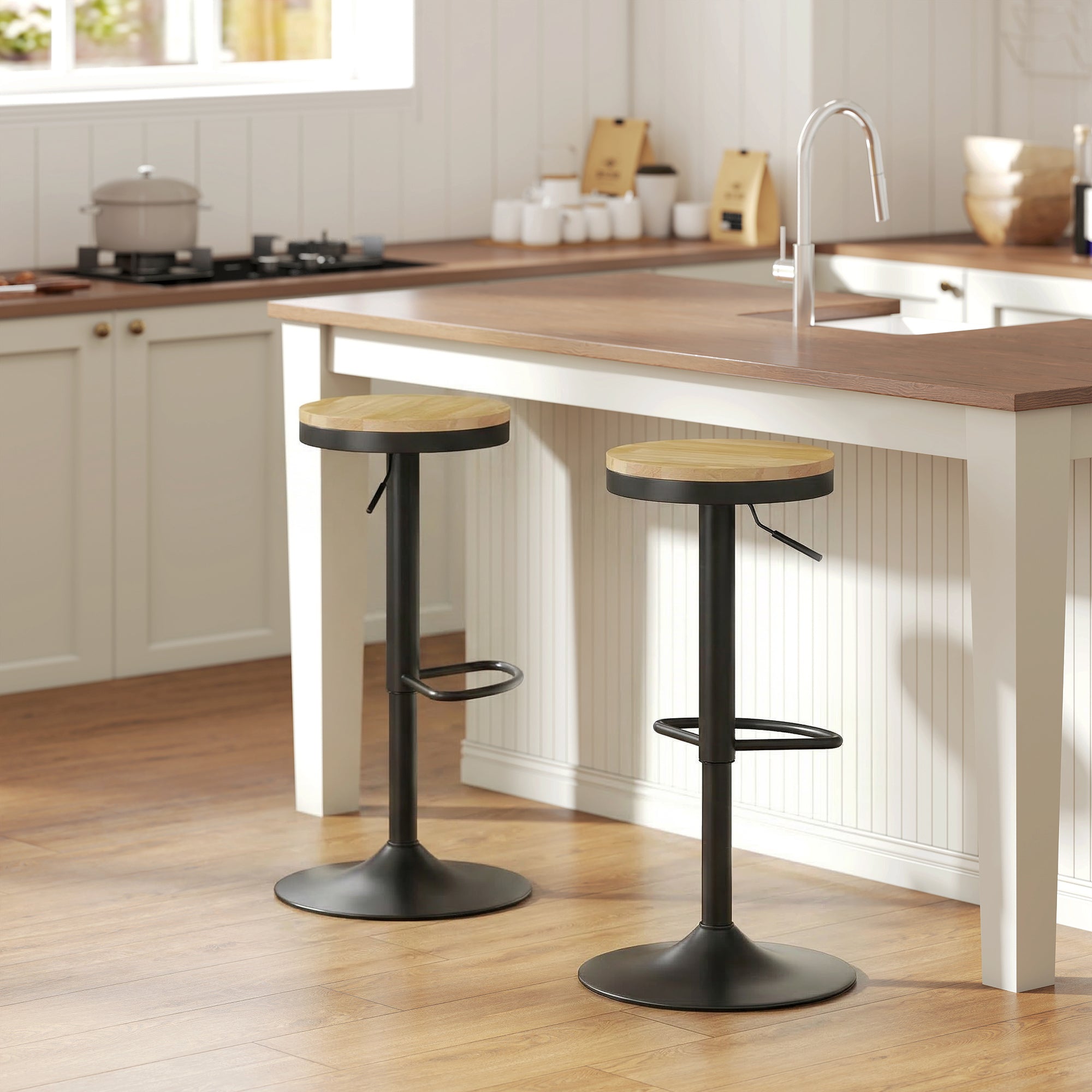 Wood Barstools Set of 2, Swivel Bar Stools with Adjustable Height for Kitchen Counter, Natural Wood and White