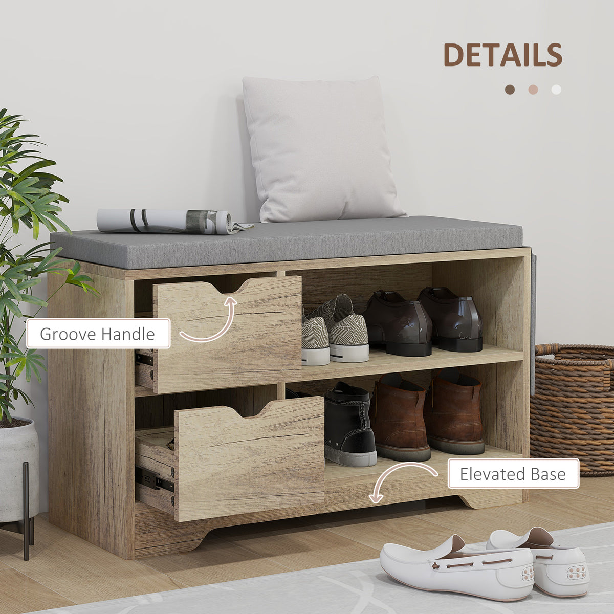 مقعد تخزين أحذية مبطّن مع مقعد، مقعد مدخل مع أدراج ورفوف مفتوحة وجيب للممر، أبيض