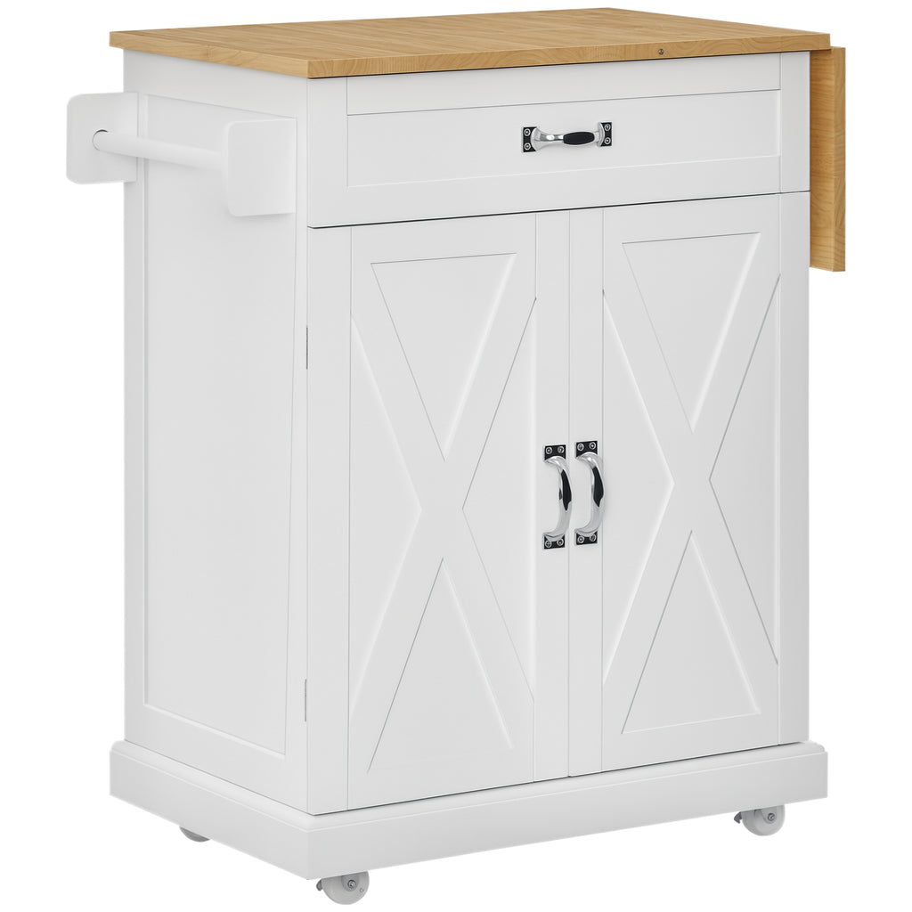 Foldable Kitchen Island with Storage Drawer, Farmhouse Style Rolling Utility Cart, Coffee Bar Cabinet on Wheels with Drop-Leaf Wood Top, White