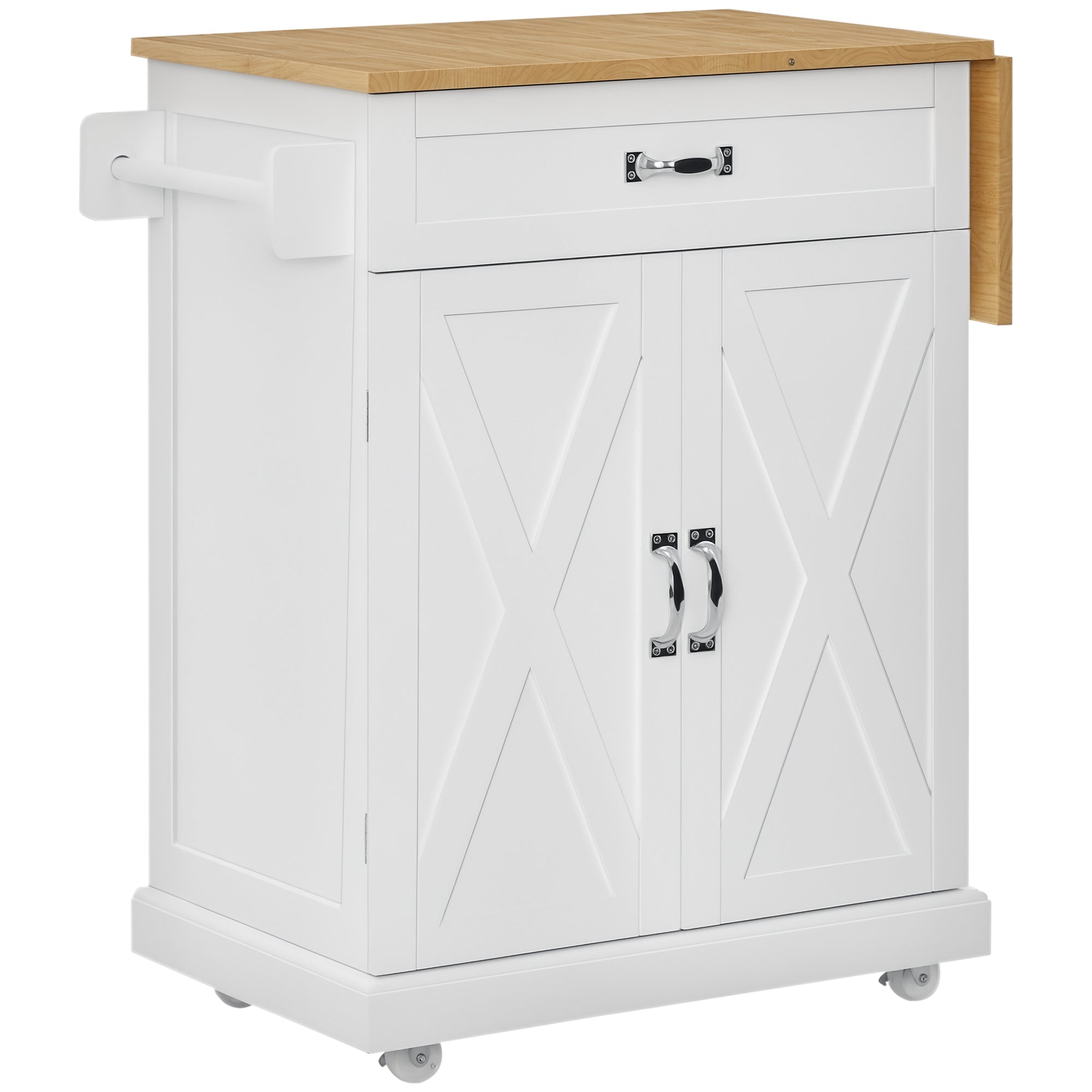 Foldable Kitchen Island with Storage Drawer, Farmhouse Style Rolling Utility Cart, Coffee Bar Cabinet on Wheels with Drop-Leaf Wood Top, White