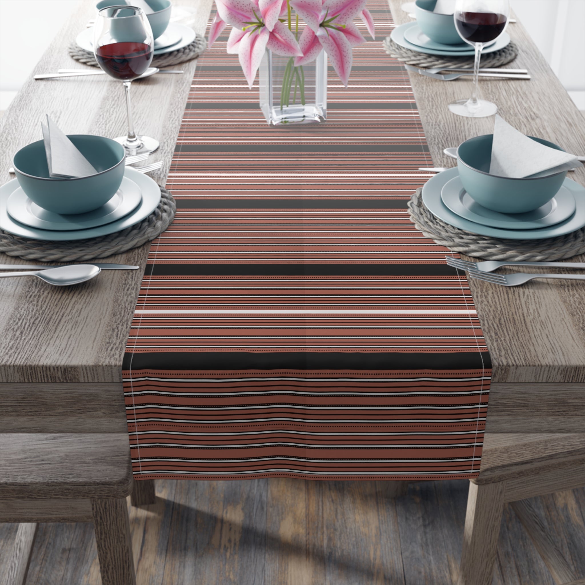 Rust & Black Stripe Table Runner — Modern Southwestern Dining Decor