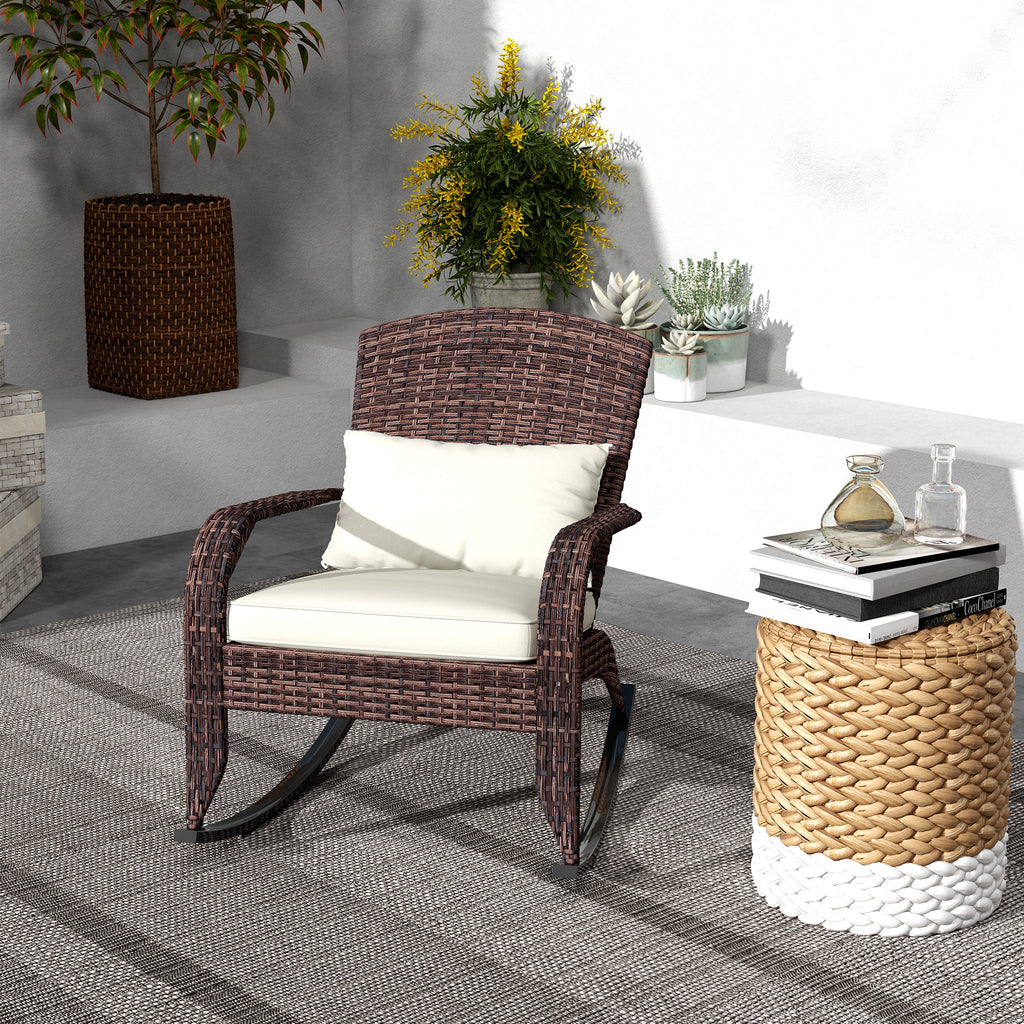 Adirondack Chair, Outdoor Wicker Rocking Chair with High Back, Seat Cushion and Pillow for Porch, Balcony, Cream White