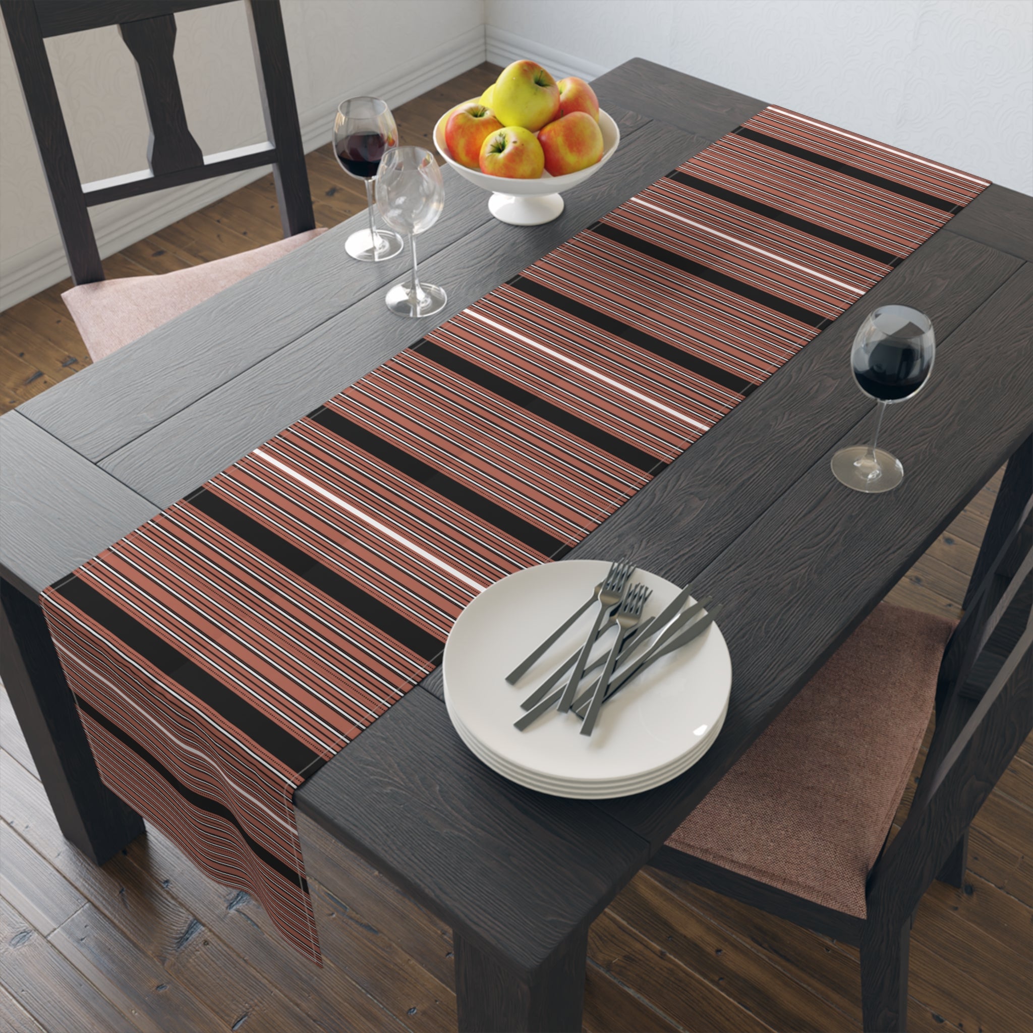 Rust & Black Stripe Table Runner — Modern Southwestern Dining Decor