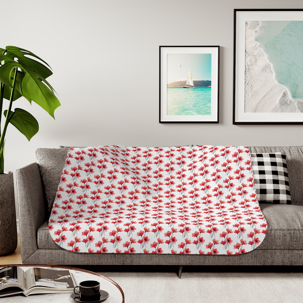 Cozy Red Floral Sherpa Blanket — Reversible Plush Throw for Home & Gift