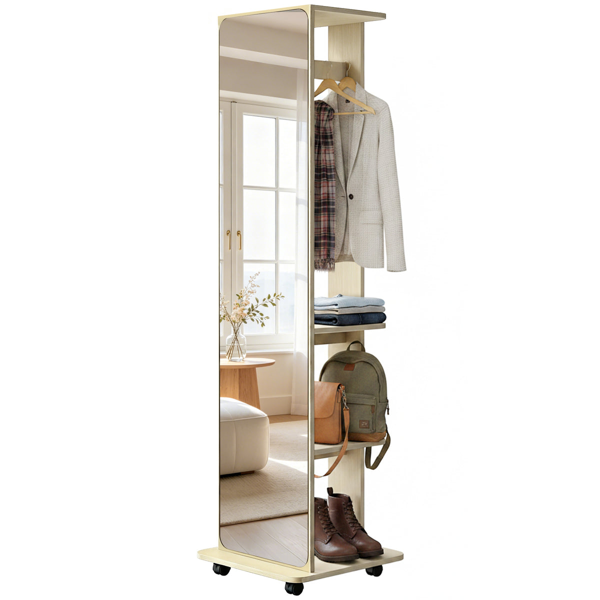 15" x 62" Full Length Mirror, Tempered Glass Floor Mirror on Wheels with Storage Shelves, Coat Hangers, Natural Wood