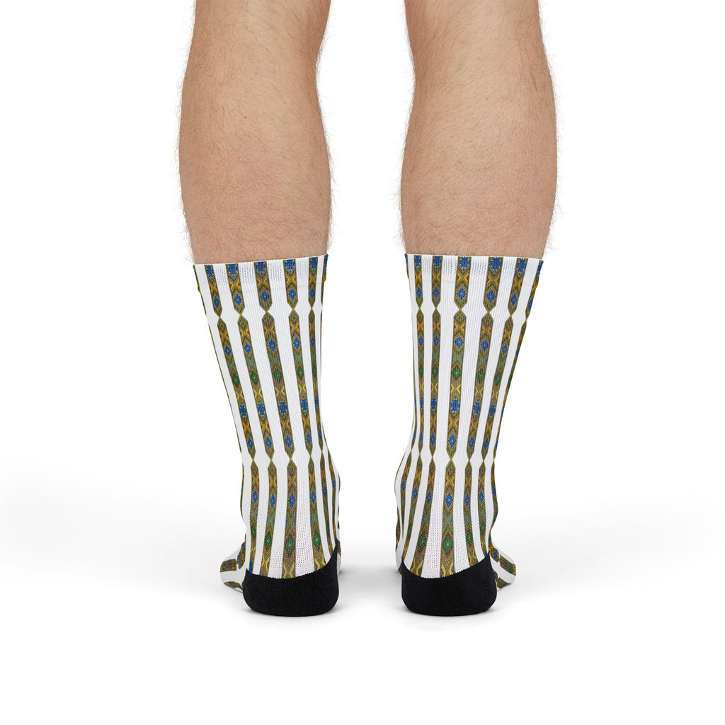 Striped Geometric Crew Socks — Blue & Gold Sublimation Pattern