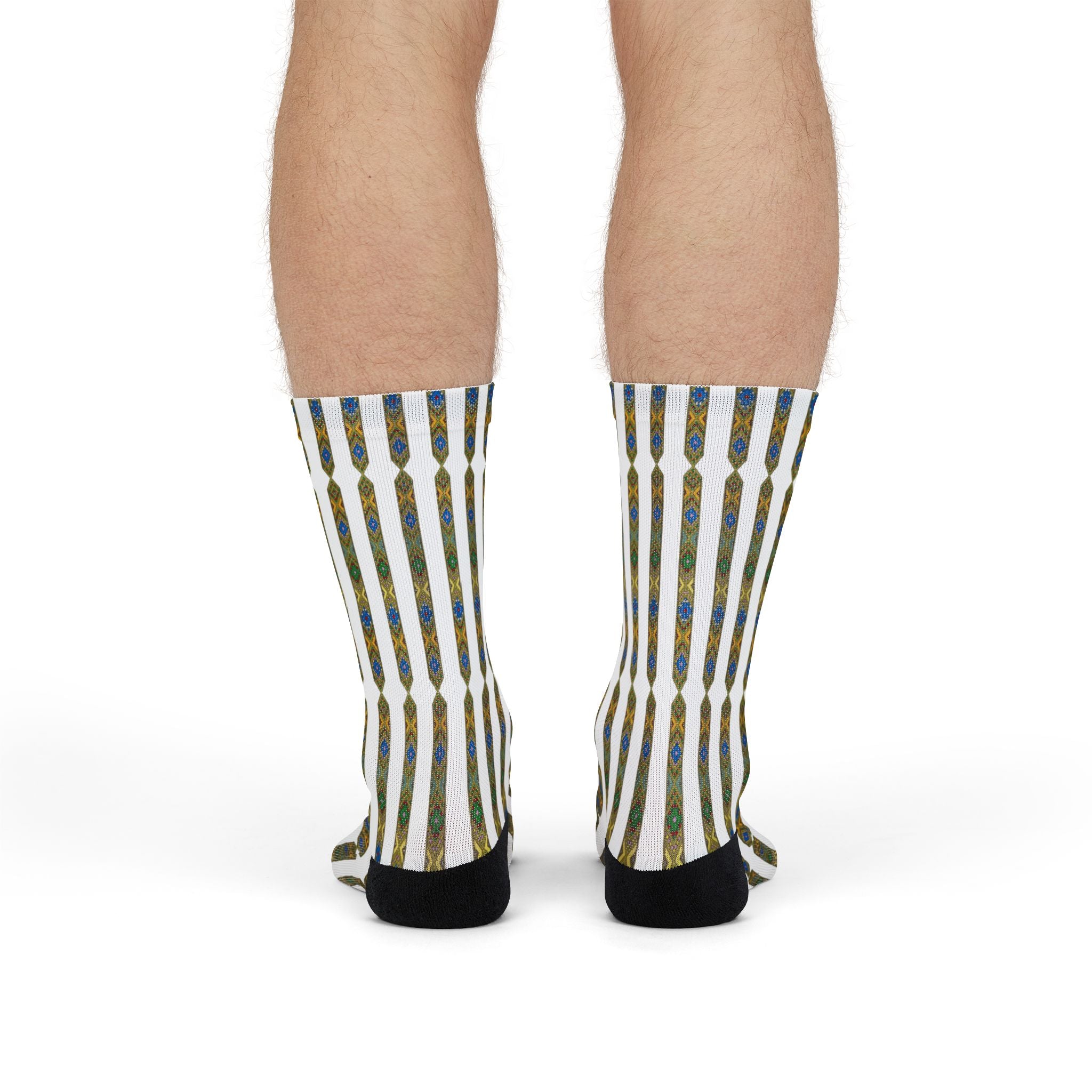 Striped Geometric Crew Socks — Blue & Gold Sublimation Pattern
