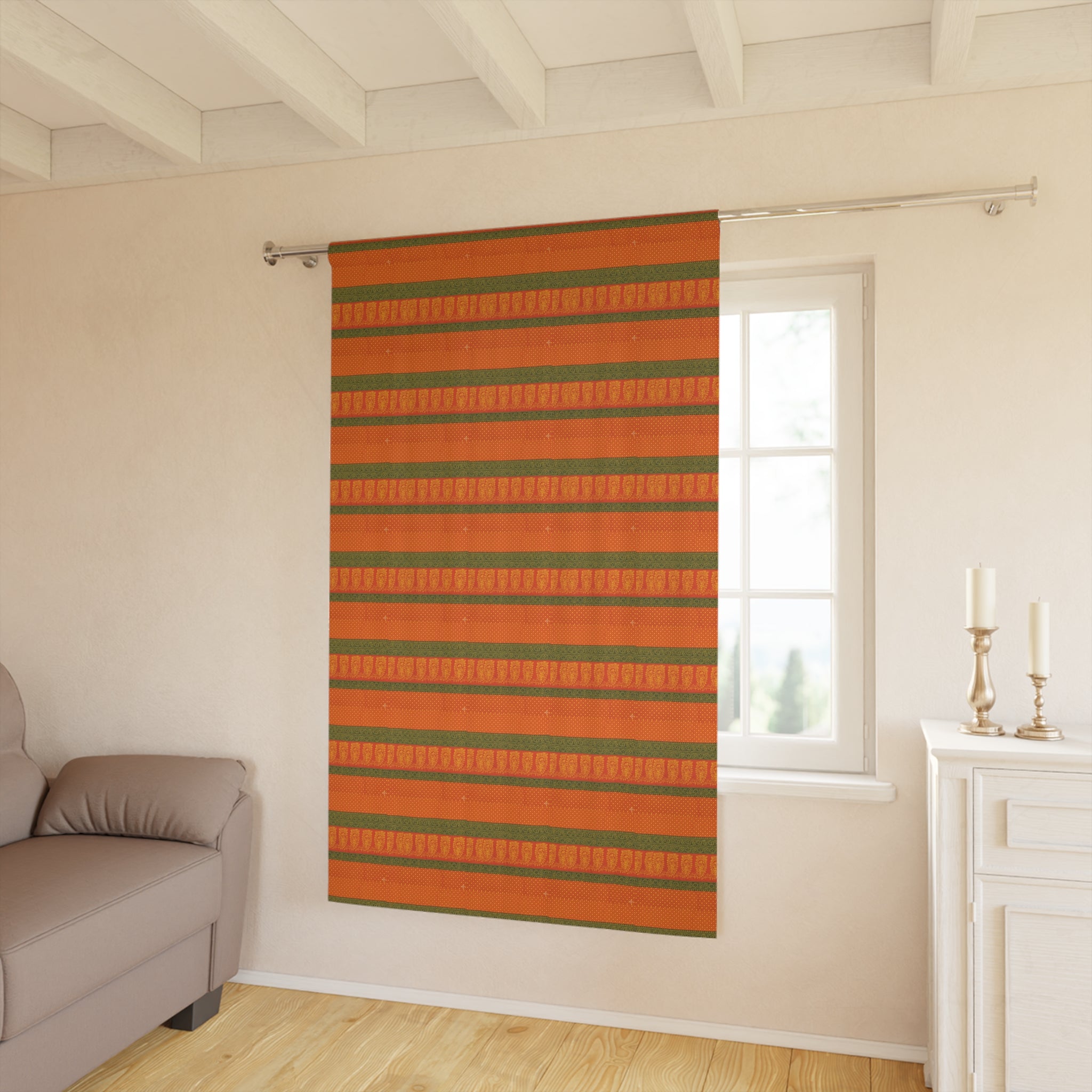Autumn Stripe Window Curtain — Orange & Olive Decorative Panel