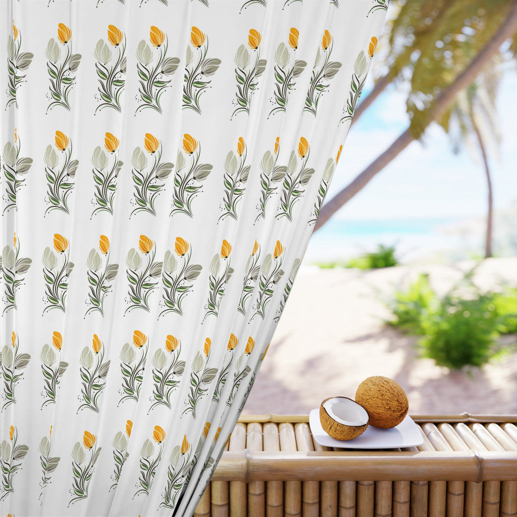 Floral Tulip Pattern Window Curtain — Yellow Botanical Single Panel