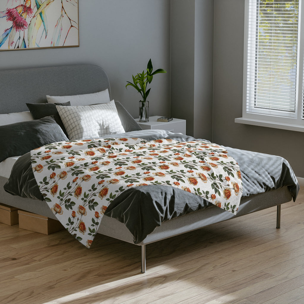 Floral Velveteen Blanket — Vintage Orange Rose Microfiber Throw