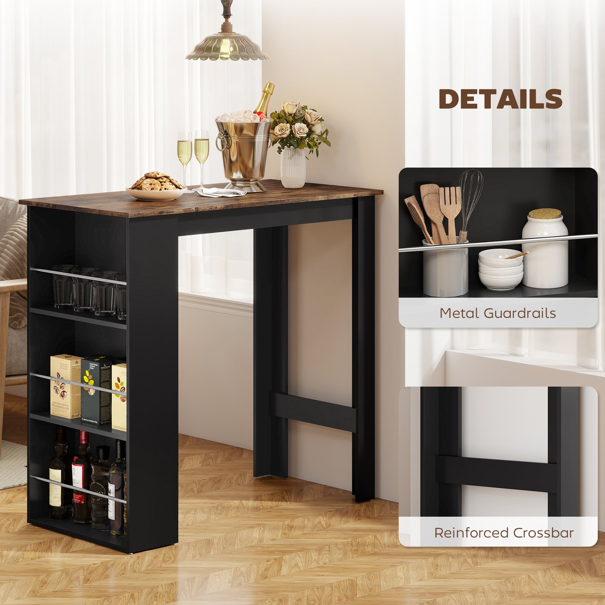 Modern Bar Table, Counter Height Dining Table with 3 Storage Shelves for Kitchen, Dining Room, Living Room, Rustic Brown