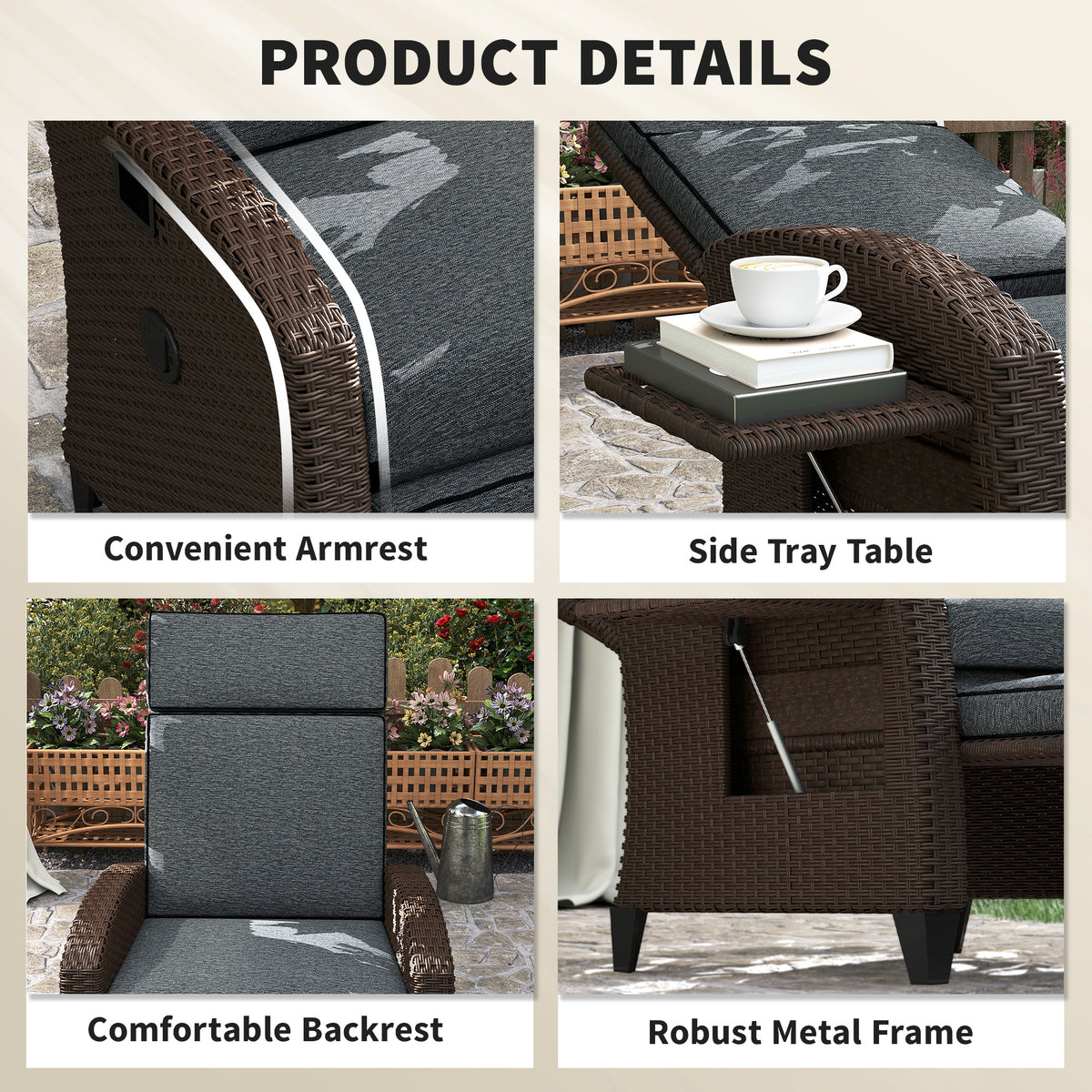 Outdoor Recliner Chair with Adjustable Backrest, Cushion, Side Tray, Dark Grey