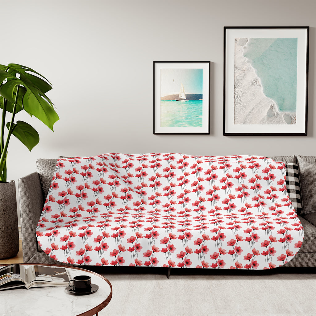 Cozy Red Floral Sherpa Blanket — Reversible Plush Throw for Home & Gift