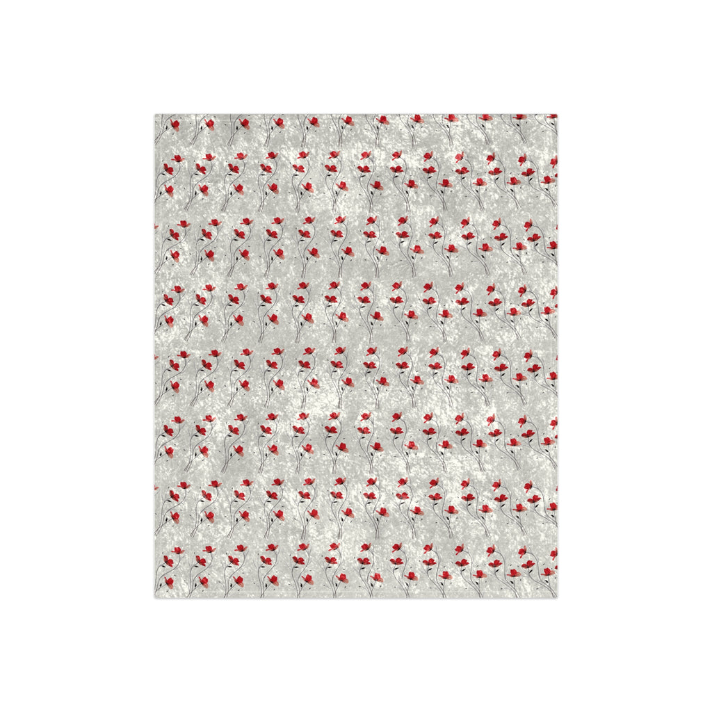 Crushed Velvet Blanket - Cozy Silver Throw with Red Berry Pattern, Holiday Decorative Throw Blanket