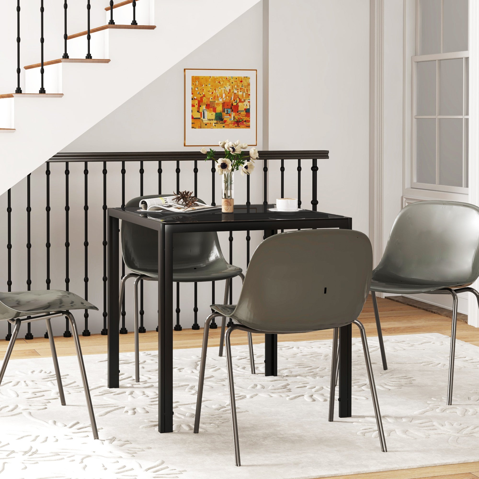 Square Kitchen Table for 2-4 People, Dining Table with Glass Top and Steel Legs for Dining Room, Black