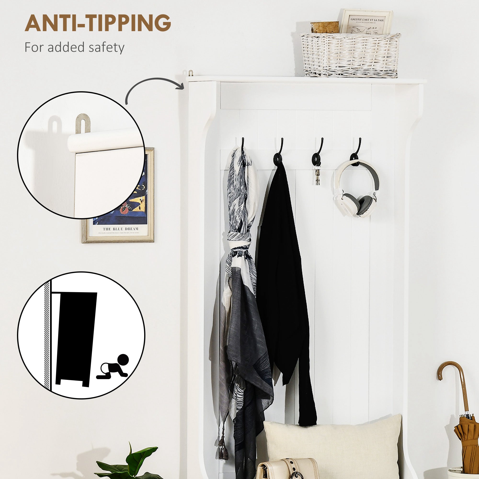 4-In-1 Hall Tree with Coat Rack, Top Shelf, Shoe Storage and Bench Seat, Entryway Bench with 4 Hooks