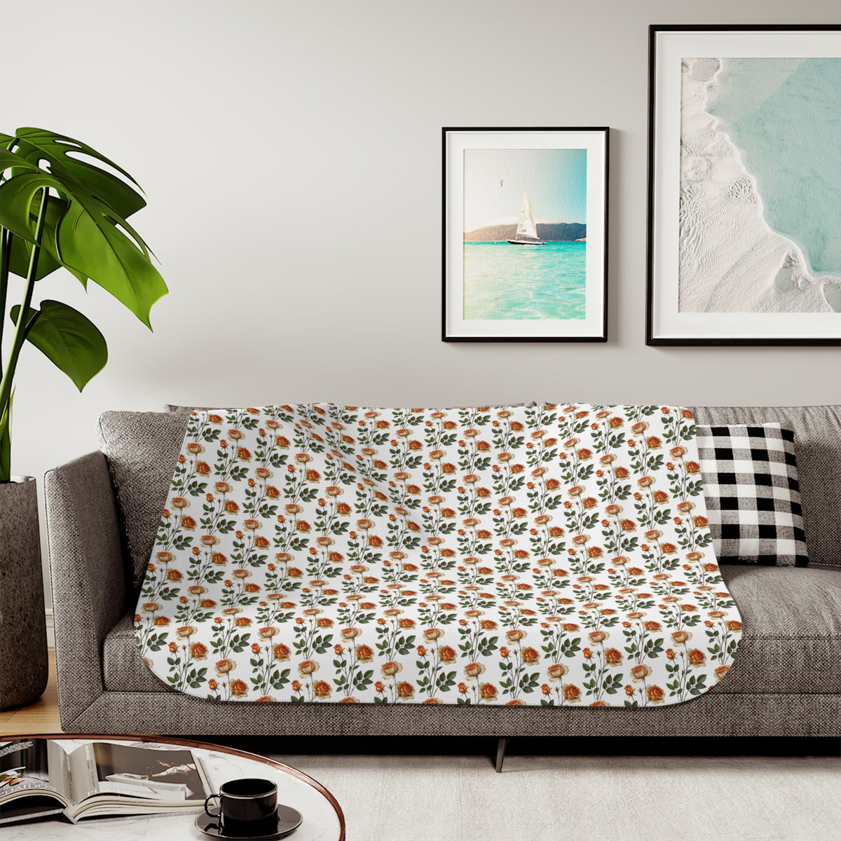 Autumn Floral Sherpa Blanket — Cozy Fall Throw with Orange & Green Bouquet Pattern