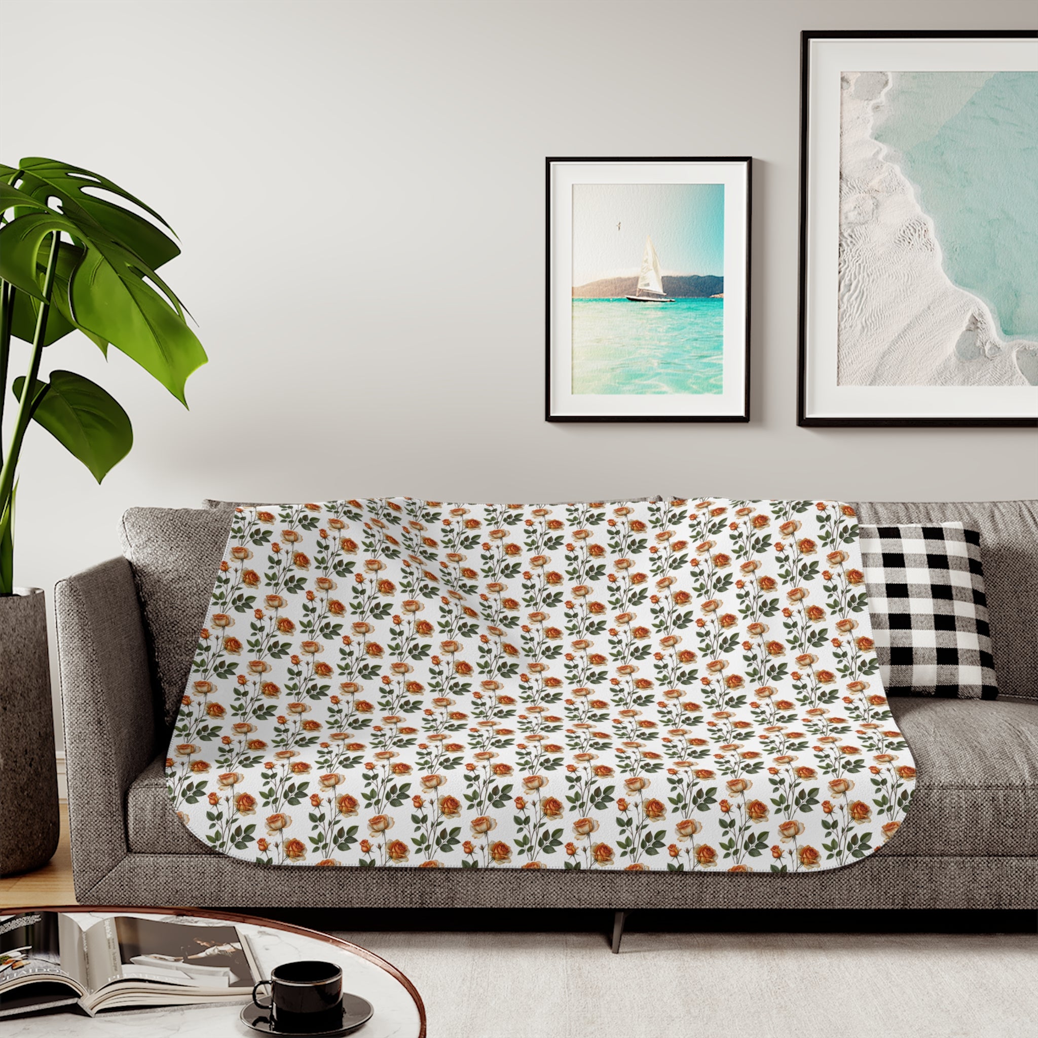 Autumn Floral Sherpa Blanket — Cozy Fall Throw with Orange & Green Bouquet Pattern
