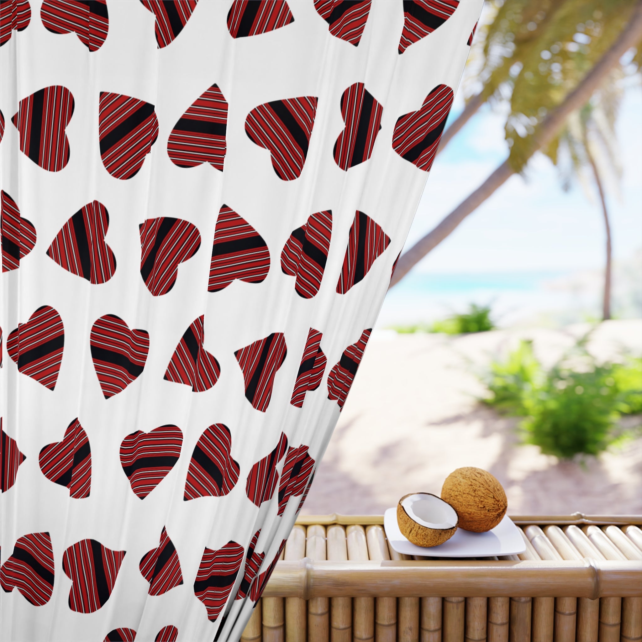 Heart Pattern Window Curtain — Red Striped Hearts Single Panel Curtain for Valentine’s Day & Romantic Decor