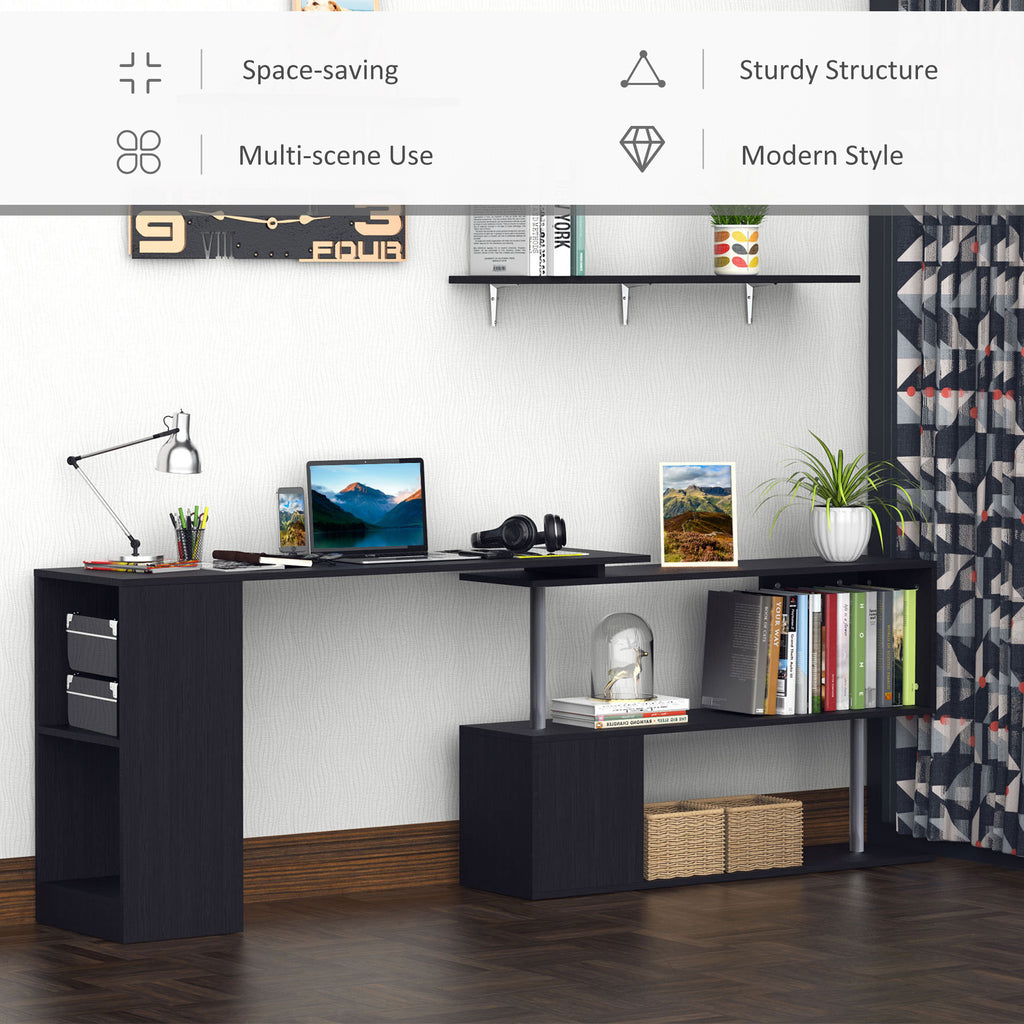 55" Corner Computer Desk, 360° Rotating L-Shaped Desk, Home Office Workstation with 3-Tier Shelves, Bookshelf, White