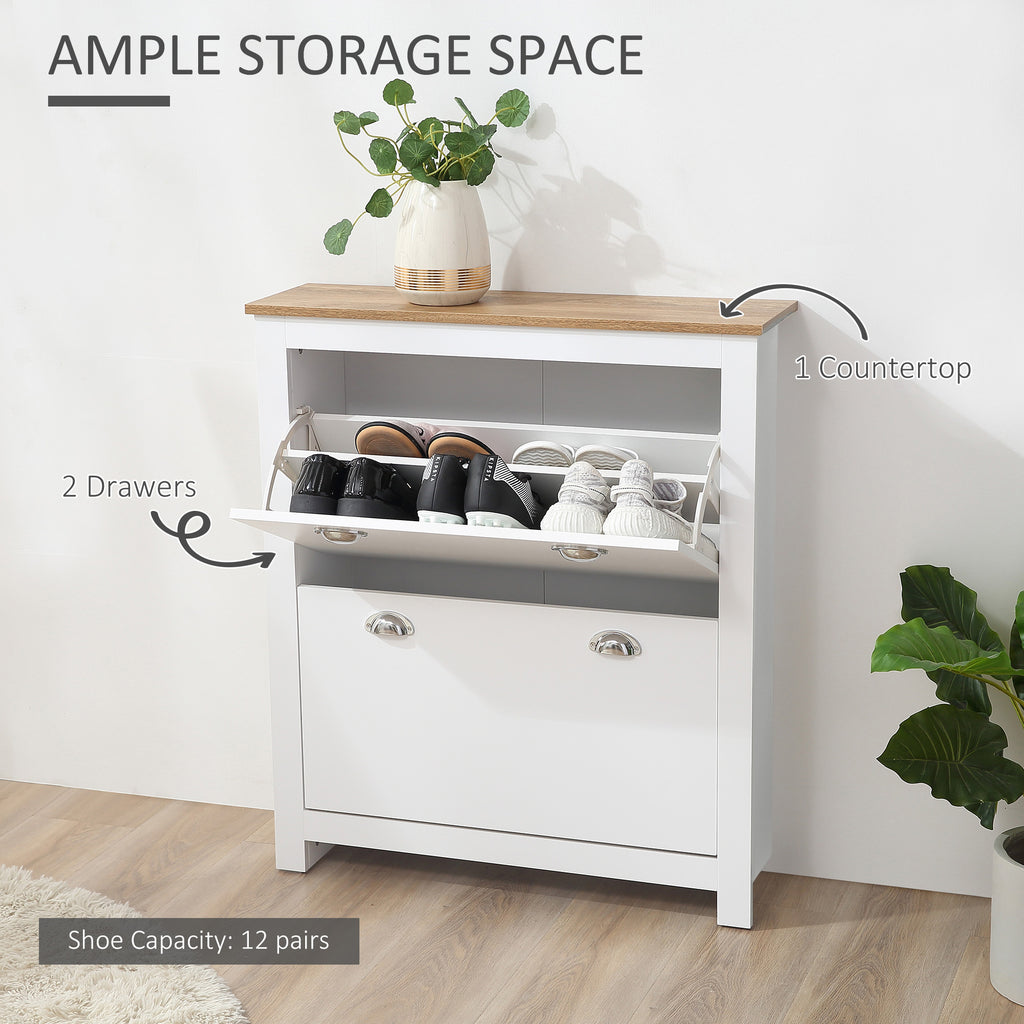 Modern Shoe Cabinet with 2 Flip Drawers and Adjustable Shelves, 12 Pair Shoe Storage Organizer for Hallway, White
