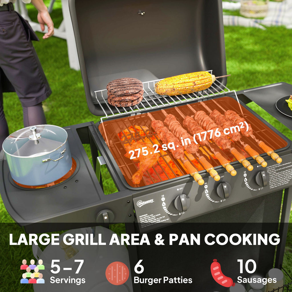 3+1 Burner Propane Gas BBQ Grill, Portable Gas Barbecue Grill with Side Burner, Thermometer, Lid, Side Table, Shelf, Spice Rack, Wheels, Grease Cup for Garden, Black