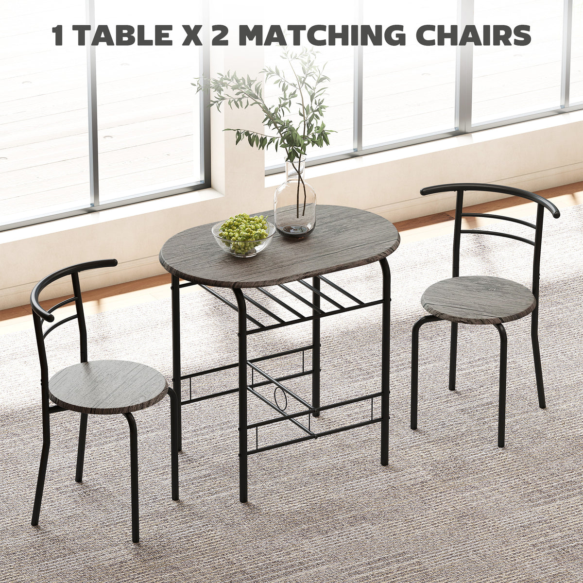 Dining Table Set of 3, 31.5" Kitchen Table and Chairs Set for 2 with Shelf, for Small Space, Dining Room, Living Room