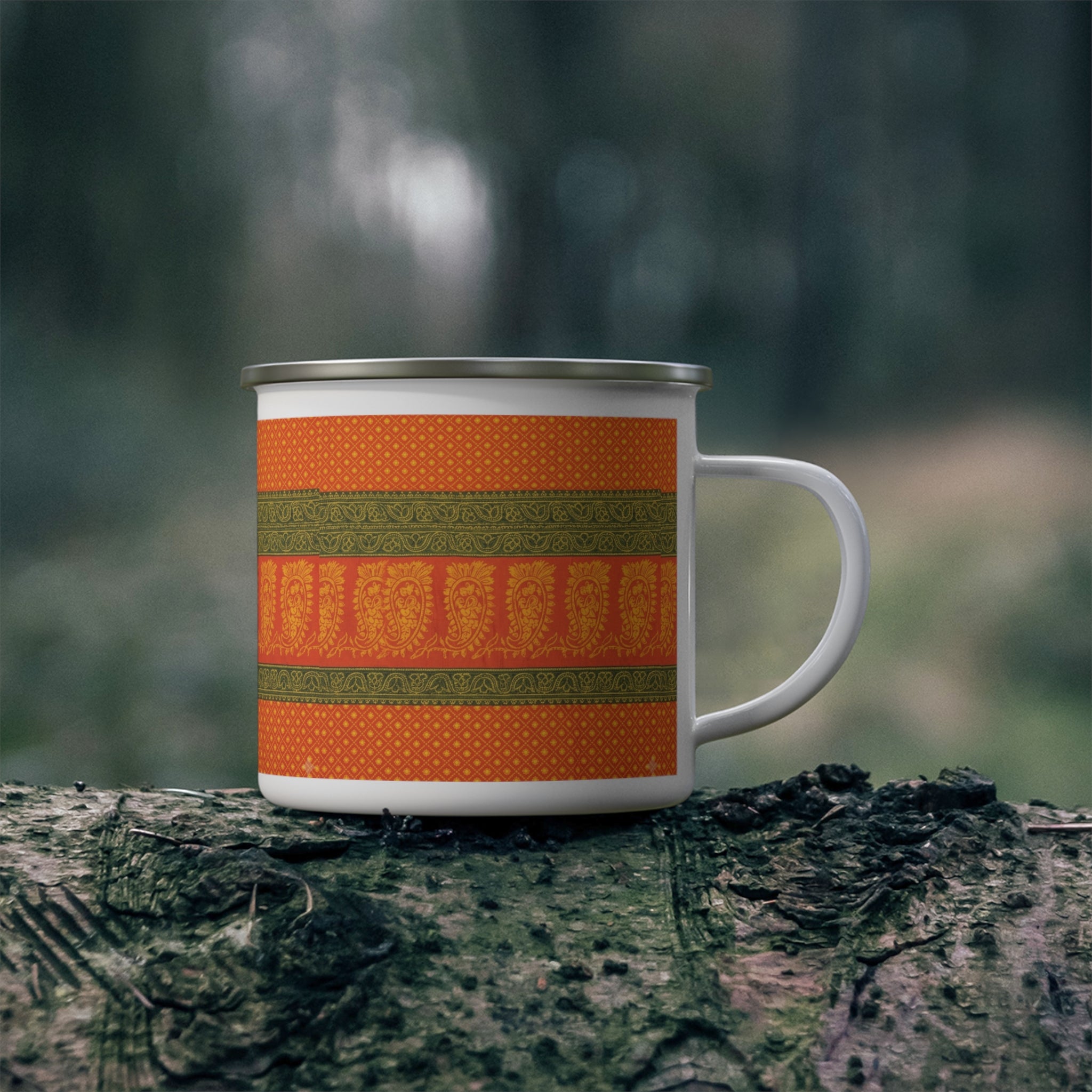 Enamel Camping Mug — Autumn Paisley Orange & Olive Retro Camp Mug