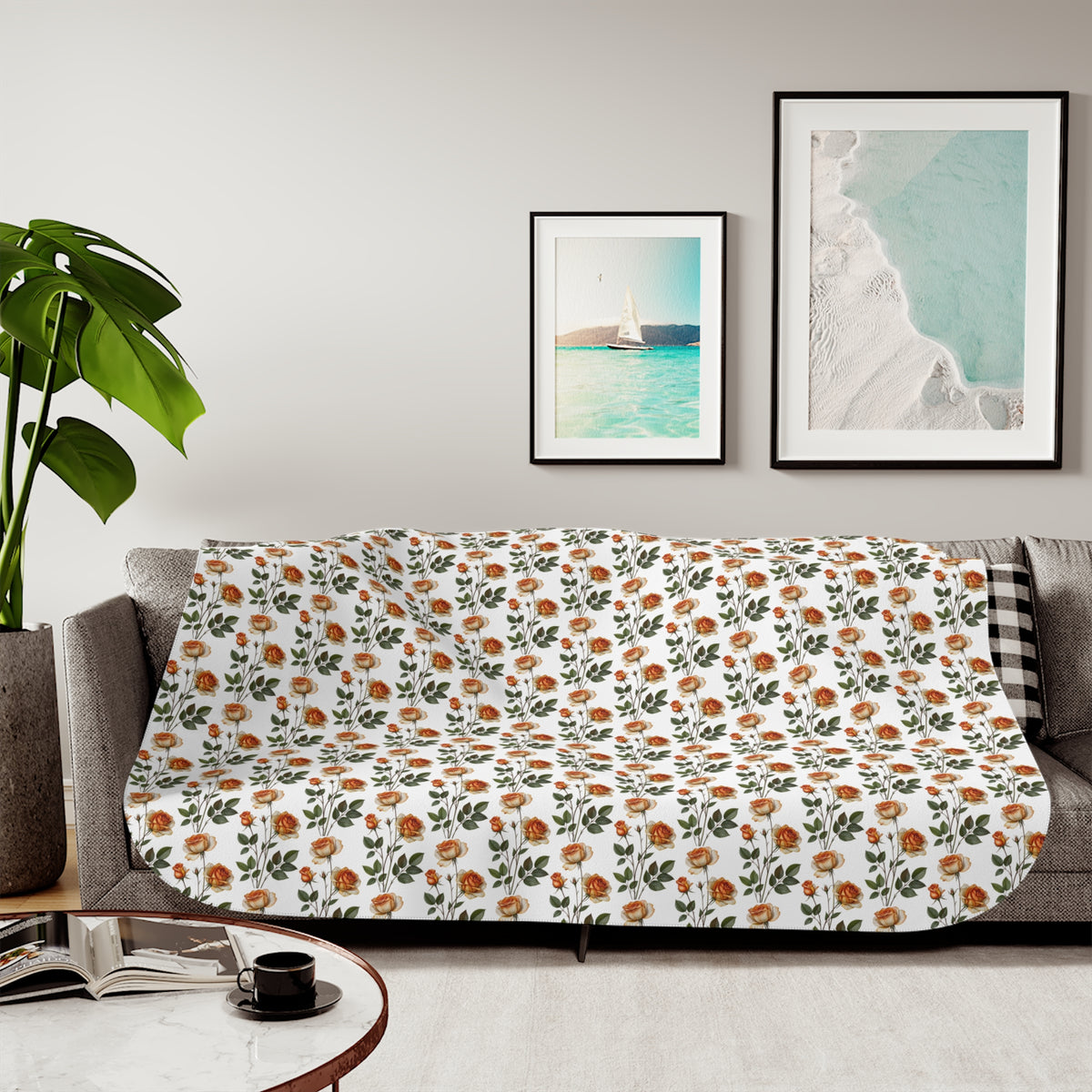 Autumn Floral Sherpa Blanket — Cozy Fall Throw with Orange & Green Bouquet Pattern