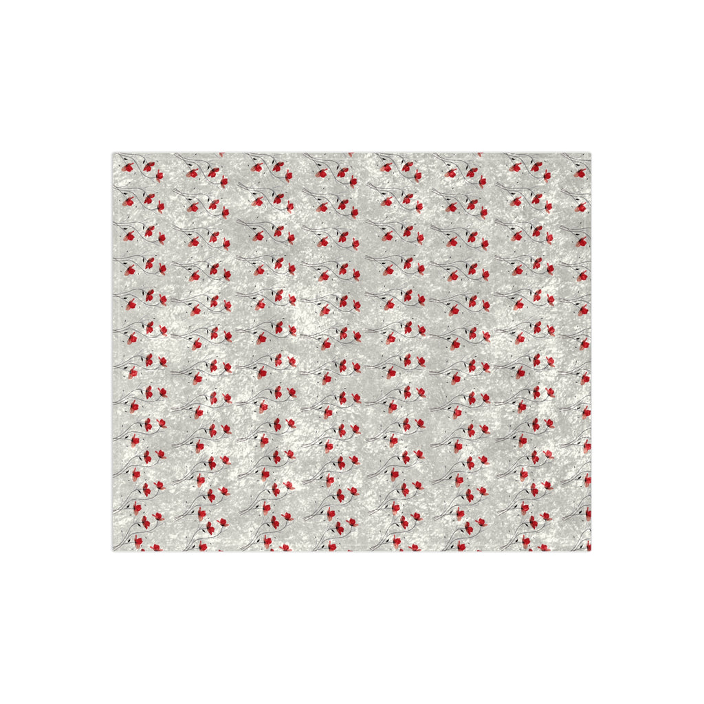 Crushed Velvet Blanket - Cozy Silver Throw with Red Berry Pattern, Holiday Decorative Throw Blanket