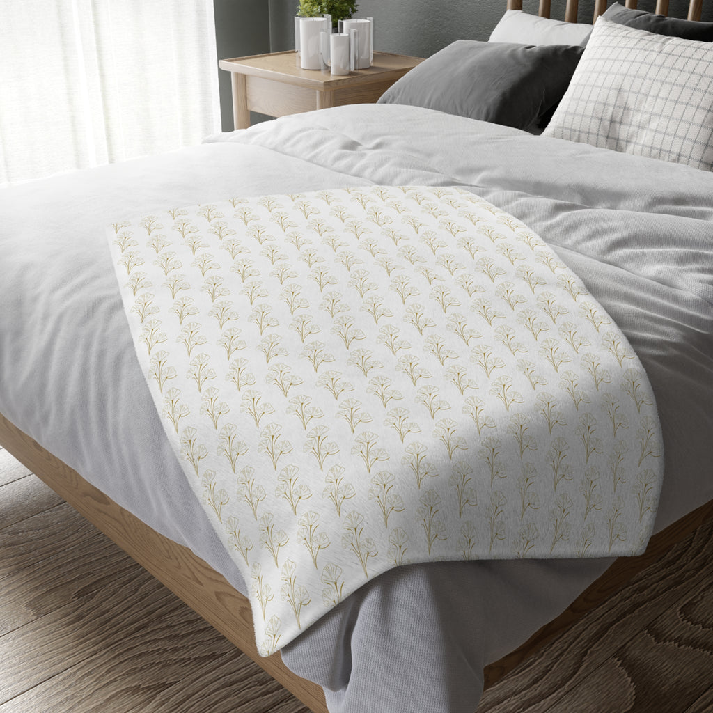 Botanical Velvet Throw Blanket - Neutral Gold Floral Microfiber, Reversible Two-Sided Cozy Throw