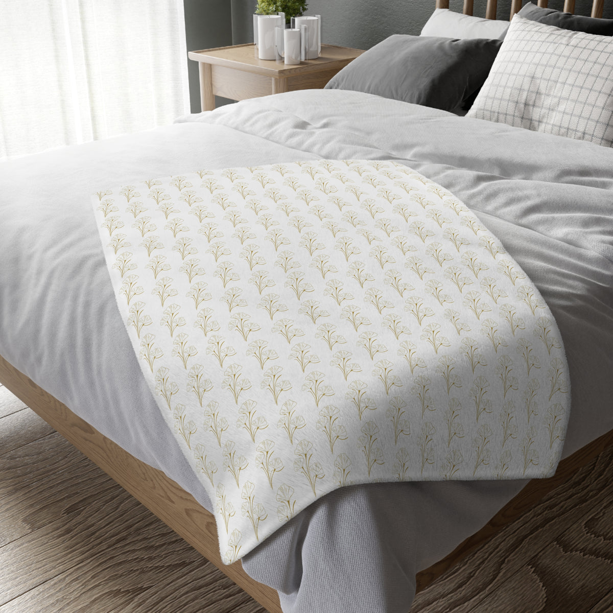Botanical Velvet Throw Blanket - Neutral Gold Floral Microfiber, Reversible Two-Sided Cozy Throw