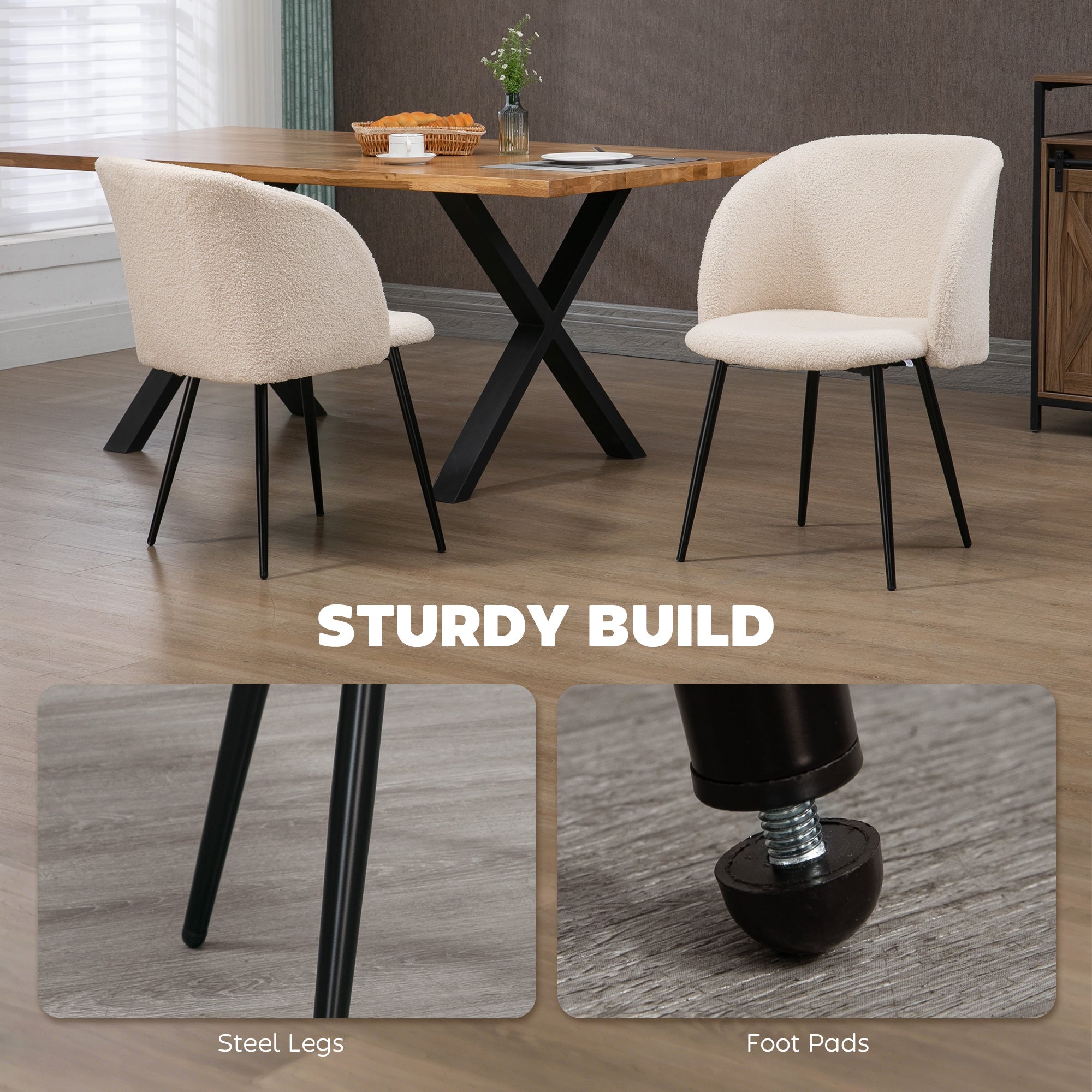 Dining Chairs Set of 2, Sherpa Fleece Upholstered Kitchen Chairs with Backrest and Steel Legs, Cream White